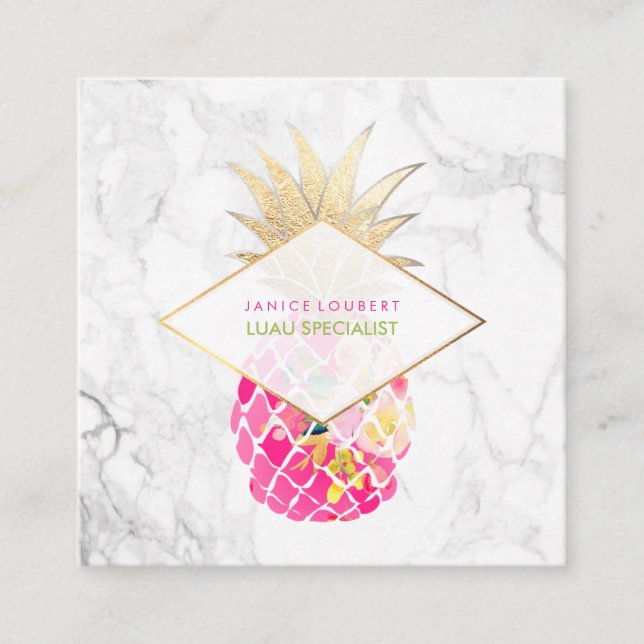 PixDezines Aloha Pineapples/Rosa+Guld/Marble Fyrkantigt Visitkort (Framsida)