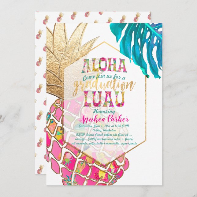 PixDezines Aloha Pineapples/Rosa/Studenten Luau Inbjudningar (Fram/baksida)