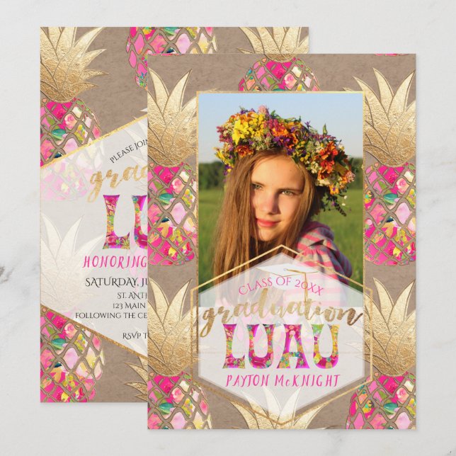 PixDezines Aloha Pineapples, Studenten Luau Inbjudningar (Fram/baksida)