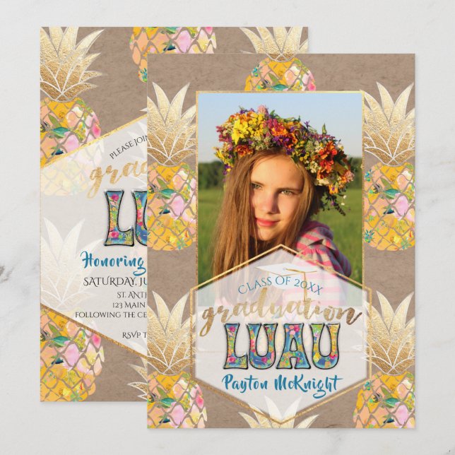 PixDezines Aloha Pineapples, Studenten Luau Inbjudningar (Fram/baksida)