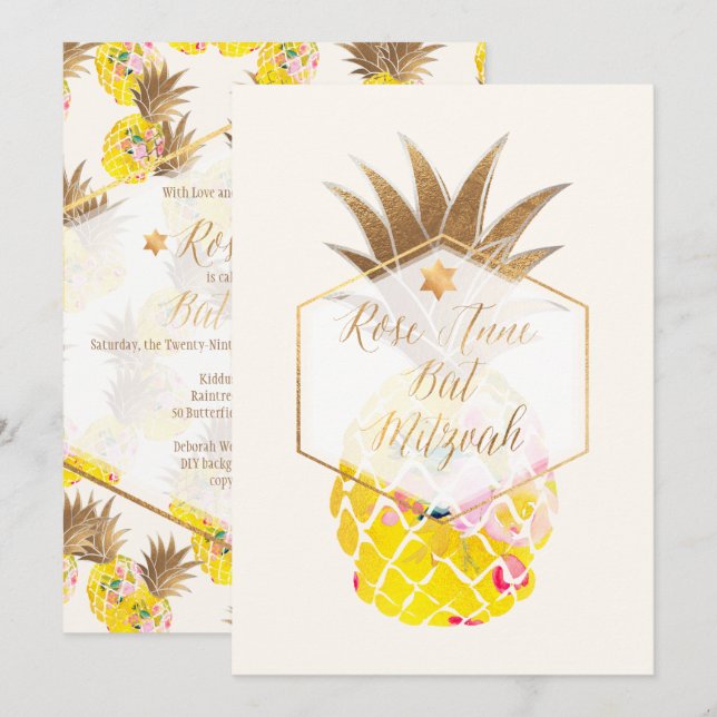 PixDezines Aloha Pineapples/Vattenfärg/Bat Mitzvah Inbjudningar (Fram/baksida)