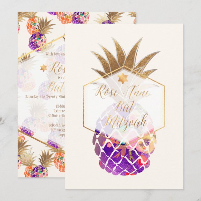 PixDezines Aloha PineApples/Watercolor/Bat mitzvah Inbjudningar (Fram/baksida)