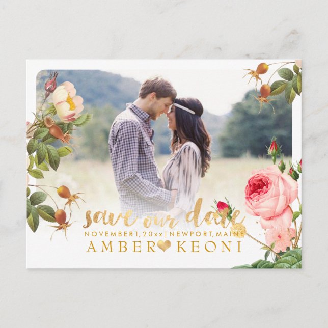 PixDezines Antika Rosor Spara Datum Meddelande Vykort (Framsida)