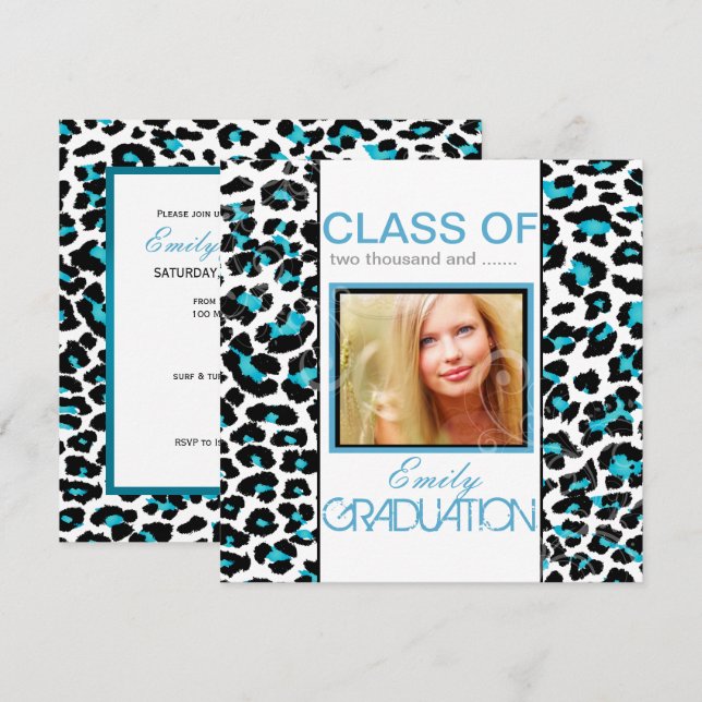 PixDezines Aqua Blue Leopard Skriv ut Studenten Inbjudningar (Fram/baksida)