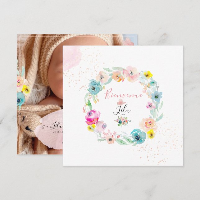 PixDezines AquarelleFaire-part de Naissance Fille Inbjudningar (Fram/baksida)