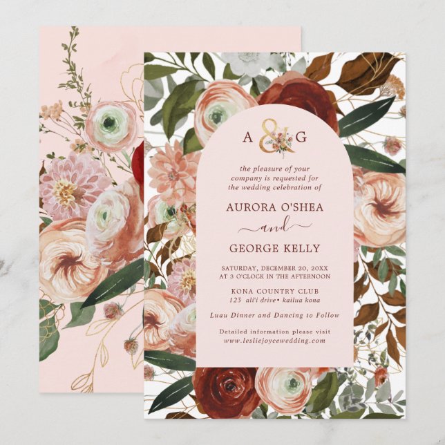 PixDezines Autumn Kärlek H2 Marsala Red Flowers In Inbjudningar (Fram/baksida)