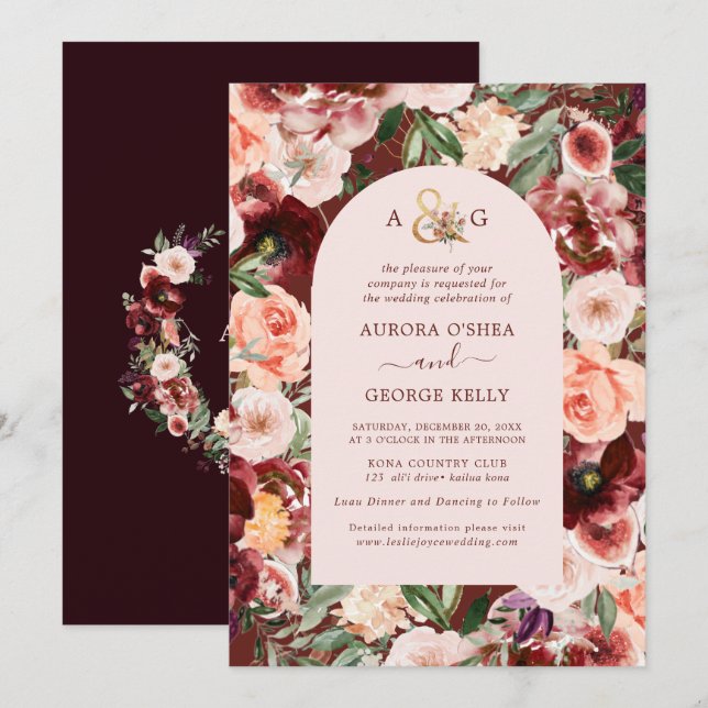 PixDezines Autumn Kärlek H2 Marsala Red Flowers Inbjudningar (Fram/baksida)