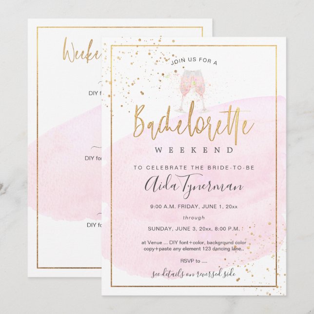 PixDezines Bachelorette Helg Rosa Watercolor Inbjudningar (Fram/baksida)