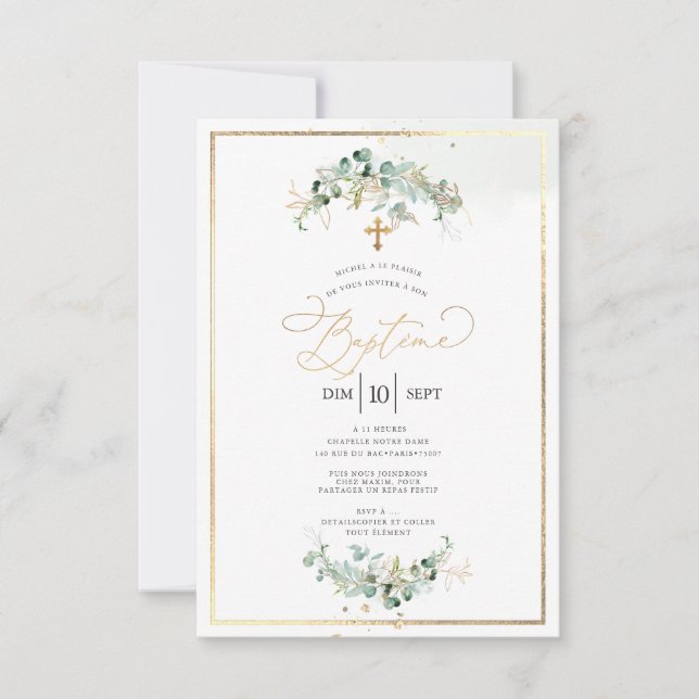 PixDezines Baptême d'Eucalyptus Rustique Aquarelle Inbjudningar (Framsida)