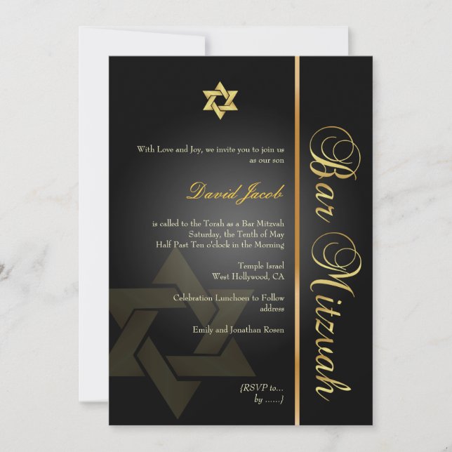 PixDezines BAR MITZVAH/STJÄRNAN DAVID/GULD+SVART Inbjudningar (Framsida)