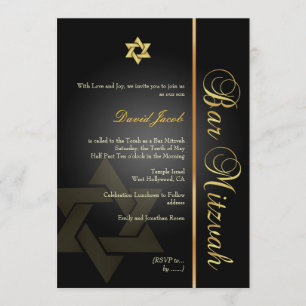 PixDezines BAR MITZVAH/STJÄRNAN DAVID/GULD+SVART Inbjudningar