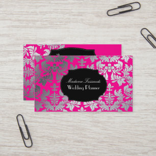 PixDezines baroque damask faux silver/shock rosa Visitkort