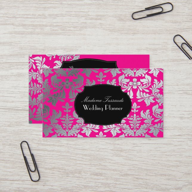 PixDezines baroque damask faux silver/shock rosa Visitkort (Fram/Back In Situ)