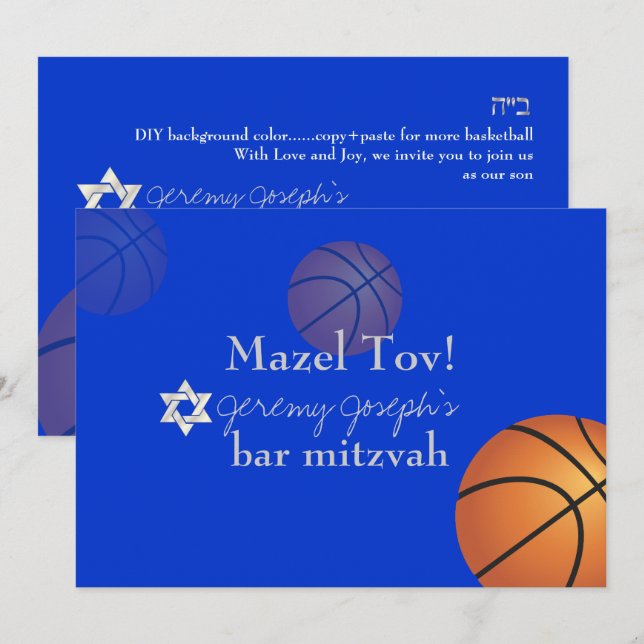✡ PixDezines Basketball Pub Mitzvah/DIY Färg Inbjudningar (Fram/baksida)