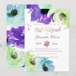 PixDezines ✡ Bat Mitzvah/Blommig akvarell Inbjudningar
