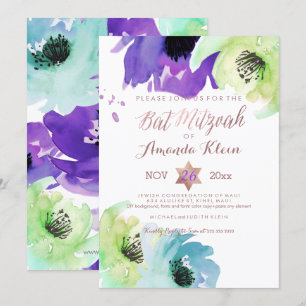 PixDezines ✡ Bat Mitzvah/Blommig akvarell Inbjudningar