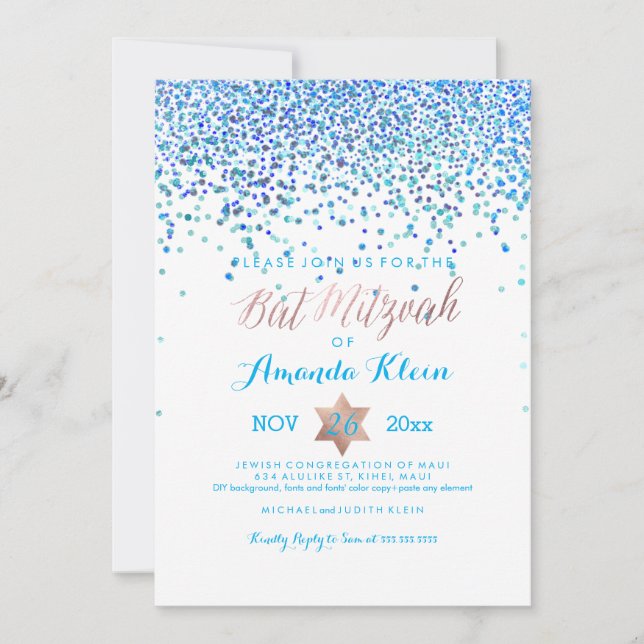 PixDezines Bat mitzvah/Blue/Aqua/Teal/Confetti Inbjudningar (Framsida)