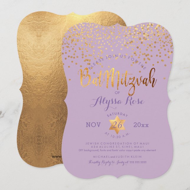 PixDezines Bat mitzvah/Faux Guld-konfetti Inbjudningar (Fram/baksida)