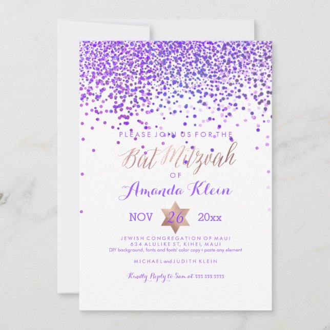 PixDezines Bat mitzvah/Lila/Ro Guld/Konfetti Inbjudningar (Framsida)