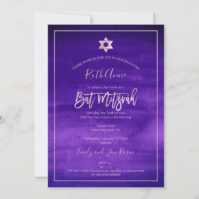 PixDezines Bat mitzvah|Lila vattenfärg Inbjudningar (Baksida)