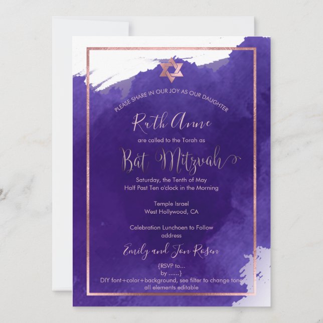 PixDezines Bat mitzvah |Lila vattenfärg Inbjudningar (Baksida)