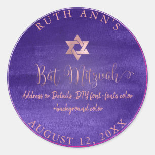 PixDezines Bat Mitzvah, Lila Violett Akvarell Runt Klistermärke
