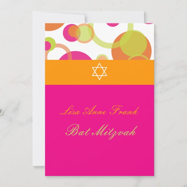 PixDezines Bat Mitzvah+Mod Bubblor/orange/hetrosa Inbjudningar (Framsida)