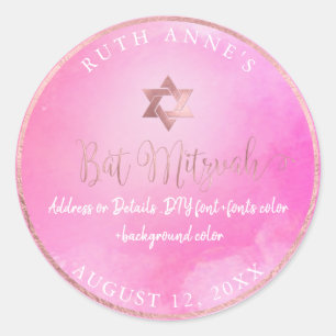 PixDezines Bat mitzvah Rosa vattenfärg Runt Klistermärke
