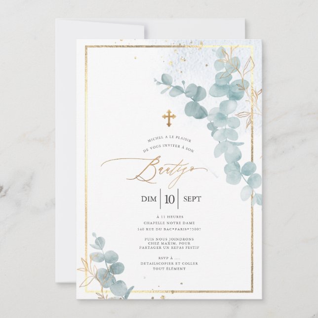 PixDezines Bautizo Eucalipto Rústico Acuarela Inbjudningar (Framsida)