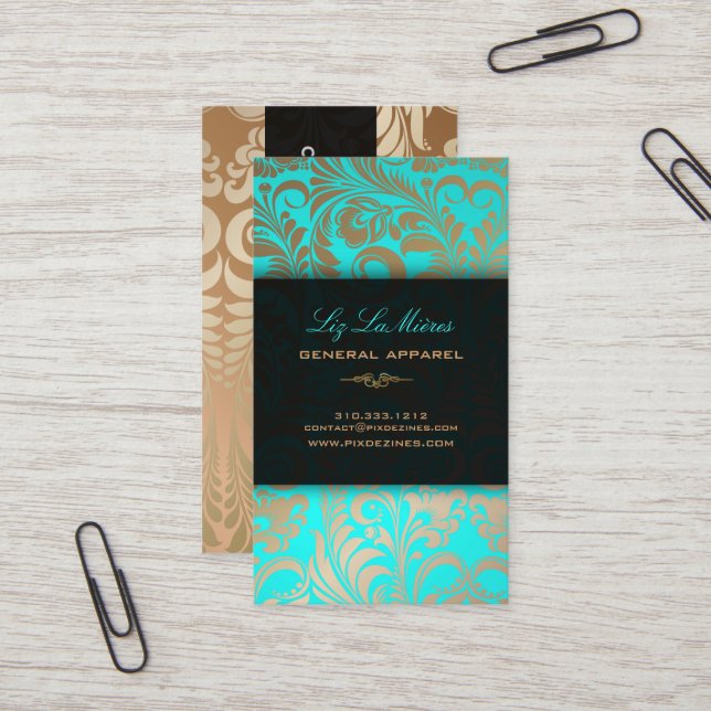 PixDezines Bellissimo Vintage Damask Faux Metallic Visitkort (Fram/Back In Situ)