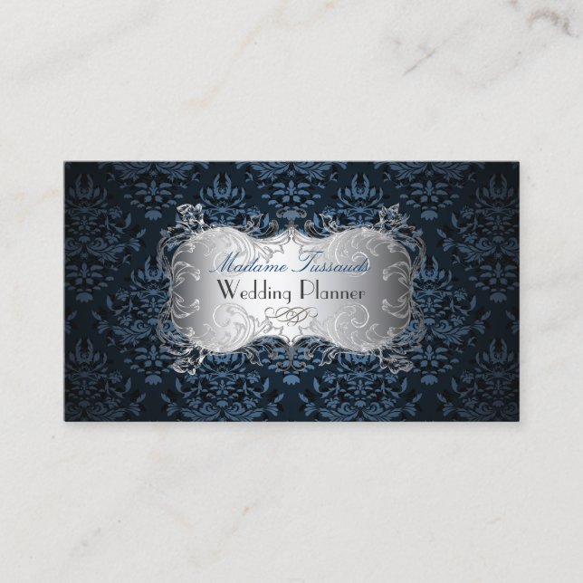 PixDezines bijoux damask faux silver/slate blue Visitkort (Framsida)