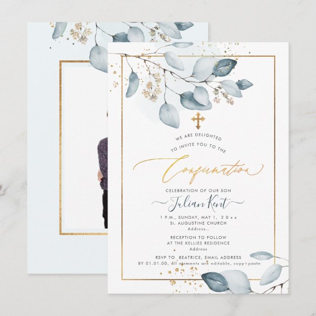 PixDezines Blå Eukalyptus Konfirmation Inbjudningar (Fram/baksida)