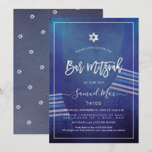 PixDezines Blå+Platinum Talitz Pub Mitzvah Inbjudningar