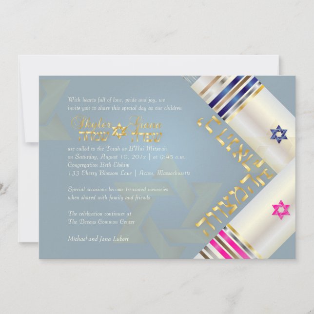 PixDezines blå/rosa Tallits B'nai Mitzvah Inbjudningar (Framsida)