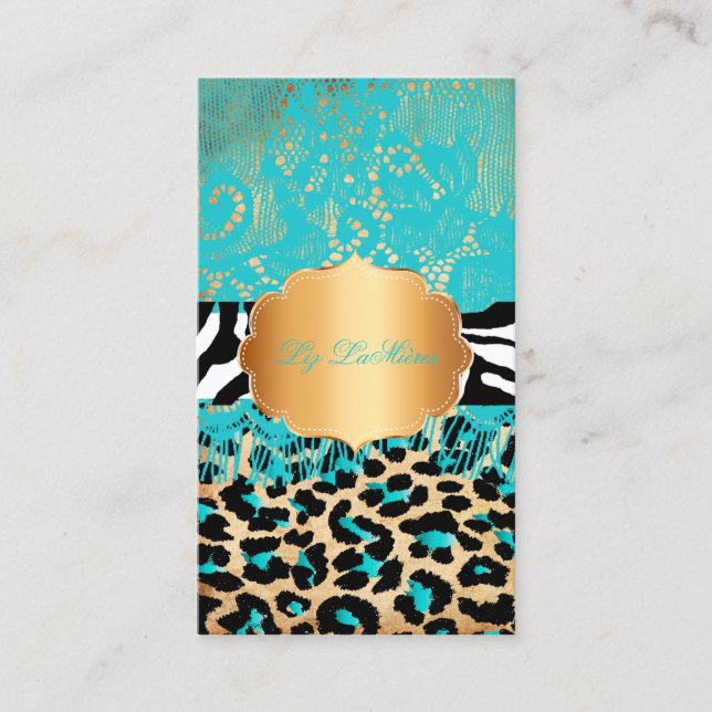 PixDezines blå vintage spets+leopard+zebra Visitkort (Framsida)