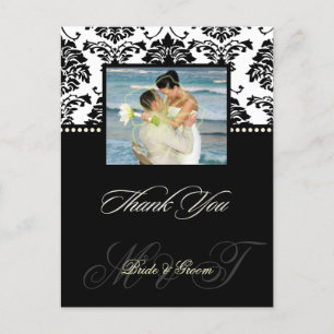 PixDezines Black Damask bröllopsfoto Tack Vykort