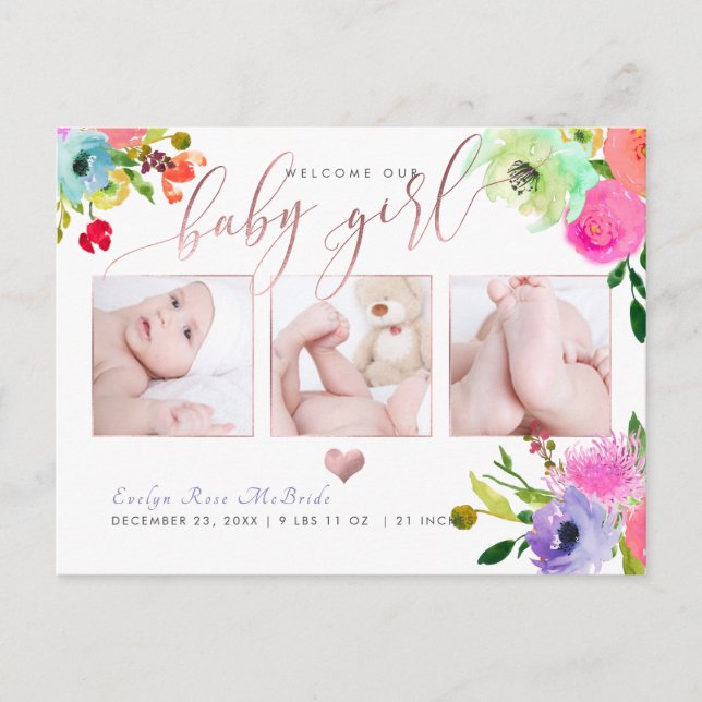 PixDezines Blommig akvarell flickbaby Meddelande Vykort (Framsida)