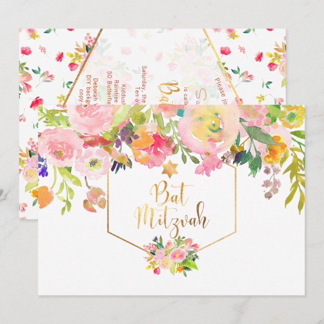 PixDezines Blommig akvarell/Påonior/Bat Mitzvah Inbjudningar (Fram/baksida)