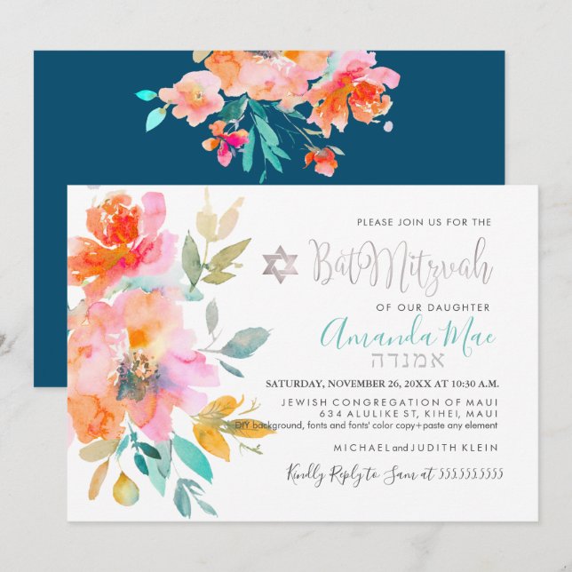 PixDezines Blommig Vattenfärg Bat Mitzvah, Orange Inbjudningar (Fram/baksida)