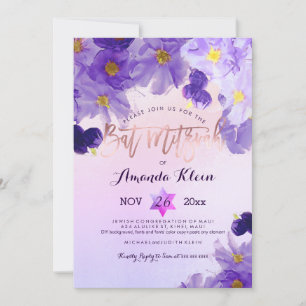 PixDezines Blommigt Vattenfärg Bat mitzvah Inbjudningar