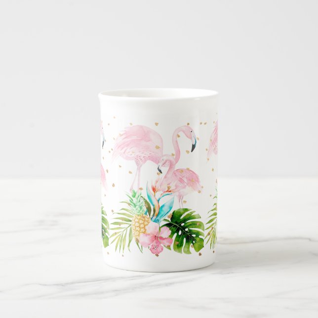 PixDezines-blommigt/vattenfärg/rosa-flamingos Benporslin Mugg (Framsidan)