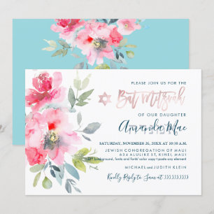 PixDezines Blommigt Watercolor Bat mitzvah, Ombre Inbjudningar