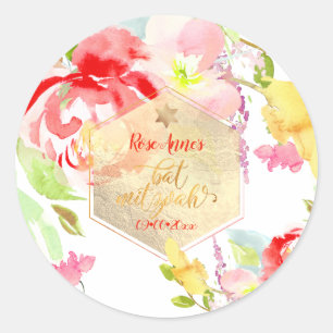 PixDezines Blommigt Watercolor Bat mitzvah, Peonie Runt Klistermärke