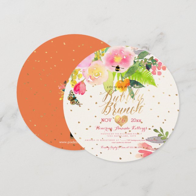 PixDezines Blommigt Watercolor Brunch+Bubly Inbjudningar (Fram/baksida)