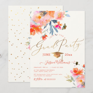 PixDezines Blommigt Watercolor-Studentfest Inbjudningar