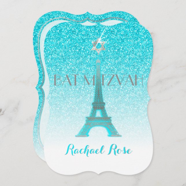 PixDezines Blue Faux Glitter Eiffel Torn/Mitzvah Inbjudningar (Fram/baksida)