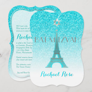 PixDezines Blue Faux Glitter Eiffel Torn/Mitzvah Inbjudningar