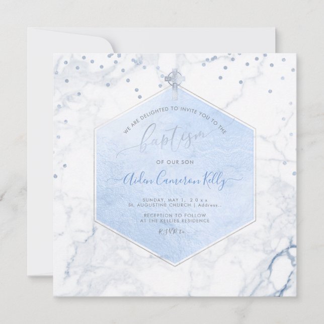 PixDezines Blue Honeycomb Marble Baptism Inbjudningar (Framsida)