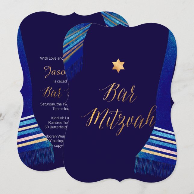 PixDezines ✡ Blue Tallit Pub Mitzvah Inbjudningar (Fram/baksida)