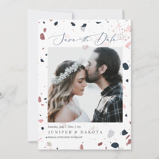 PixDezines Blue  Terrazzo, fotodatum för Spara Inbjudningar (Framsida)